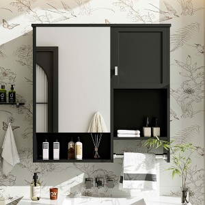 MAYEERTY 28.74" Modern Wall Mounted Bathroom Medicine Cabinet, Bathroom Wall Storage Cabinet with Mirror Towels Bar Black - 1 of 4