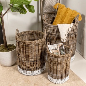 happimess Ternion Cottage Hand-Woven Rattan Nesting Baskets with Handles, Kubu Gray/White (Set of 3) - 1 of 4