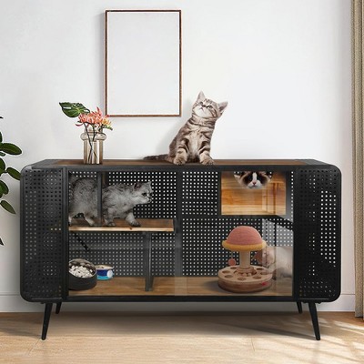 55 Inch Cat Litter Box Furniture, Metal Cat House with 2 Sliding Glass Doors, Media Console Table, Pet Kennel for Living Room Hallway Black