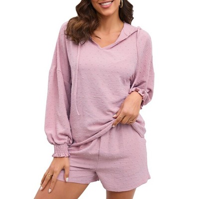 Womens 2 Piece Sets Hoodie Shirts with Shorts Shirred Cuff Blouse with Drawstring Shorts Solid Lounge Sets for Womens - Pink,L