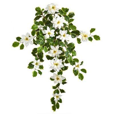 Nearly Natural 30-in Poinsettia and Variegated Holly Artificial Plant (Set of 2) (Real Touch), White