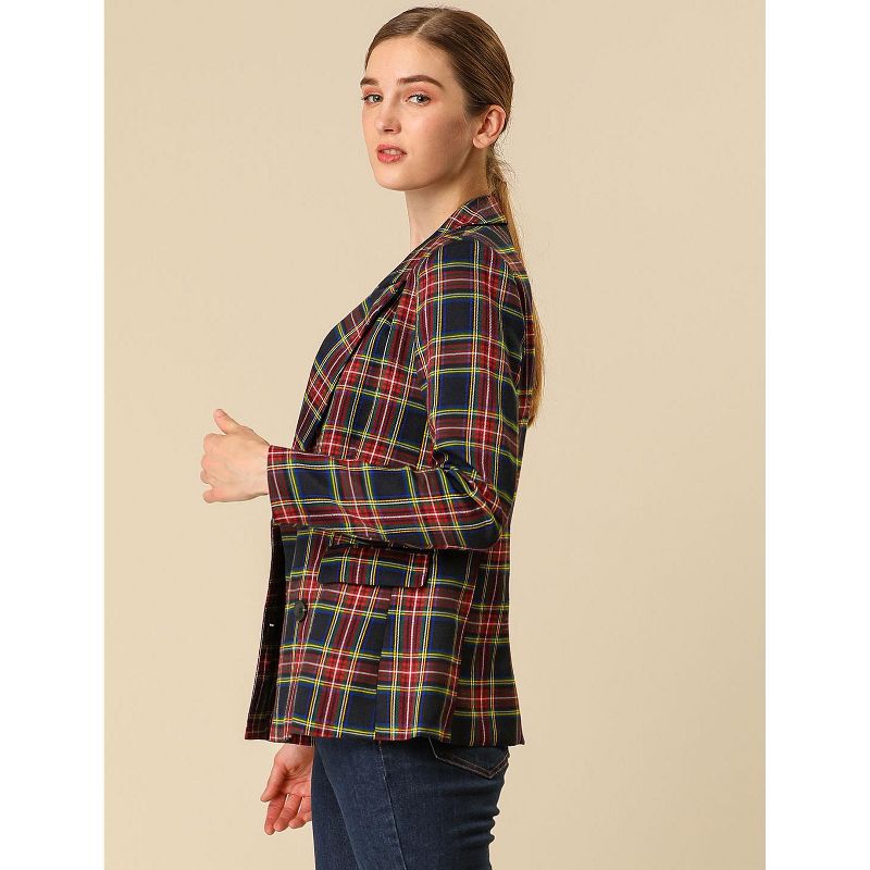 Allegra K Women's Casual Fit Notched Lapel Double Breasted Plaid Formal Blazer, 6 of 8