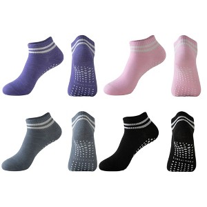 Anna-Kaci 4 Pairs Women's Ankle Grip Yoga Socks Soft Cotton Non-Slip Bottom Striped Cuff - 1 of 4