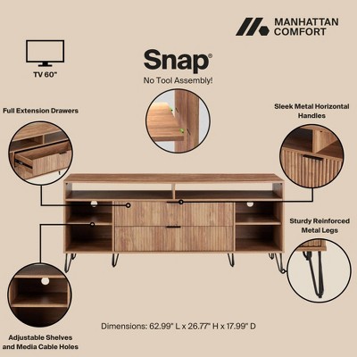 Golden Brown Mid-Century Modern TV Stand with Cabinet and Shelves