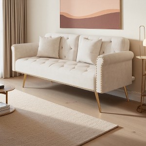 69.7" Velvet 2-Seater Foldable Sofa Bed with Gold Legs & Throw Pillow - 1 of 4