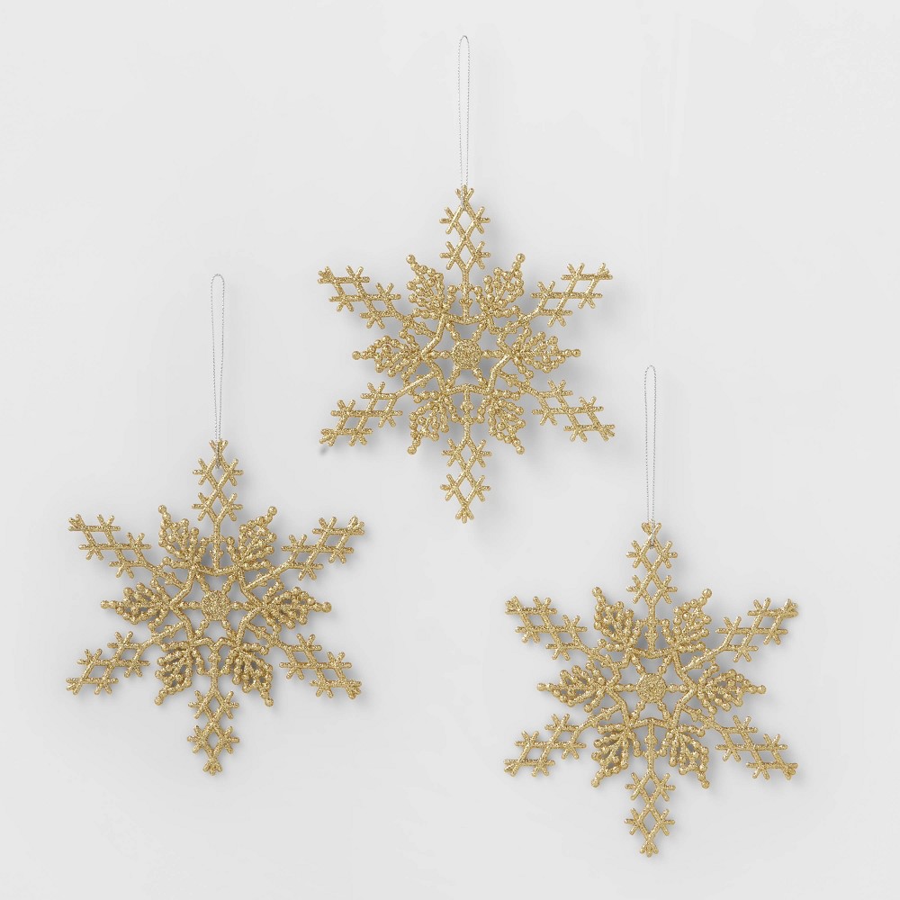 3ct Glittered Snowflake Christmas Ornament Set Gold - Wondershop