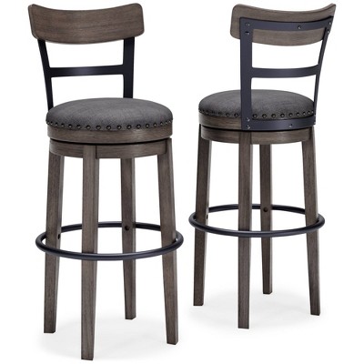 Antiqued Gray Wash Swivel Barstool with Cushioned Seat and Nailhead Trim