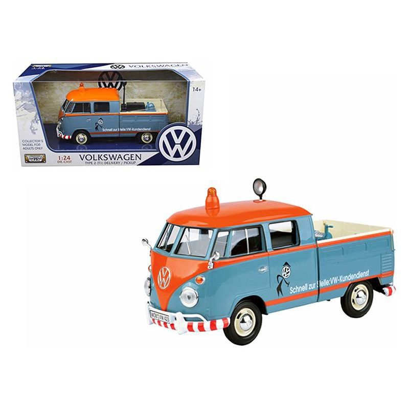 Volkswagen Type 2 (T1) Delivery Service Pickup Truck Blue and Orange "VW-Kundendienst" 1/24 Diecast Model Car by Motormax, 1 of 4