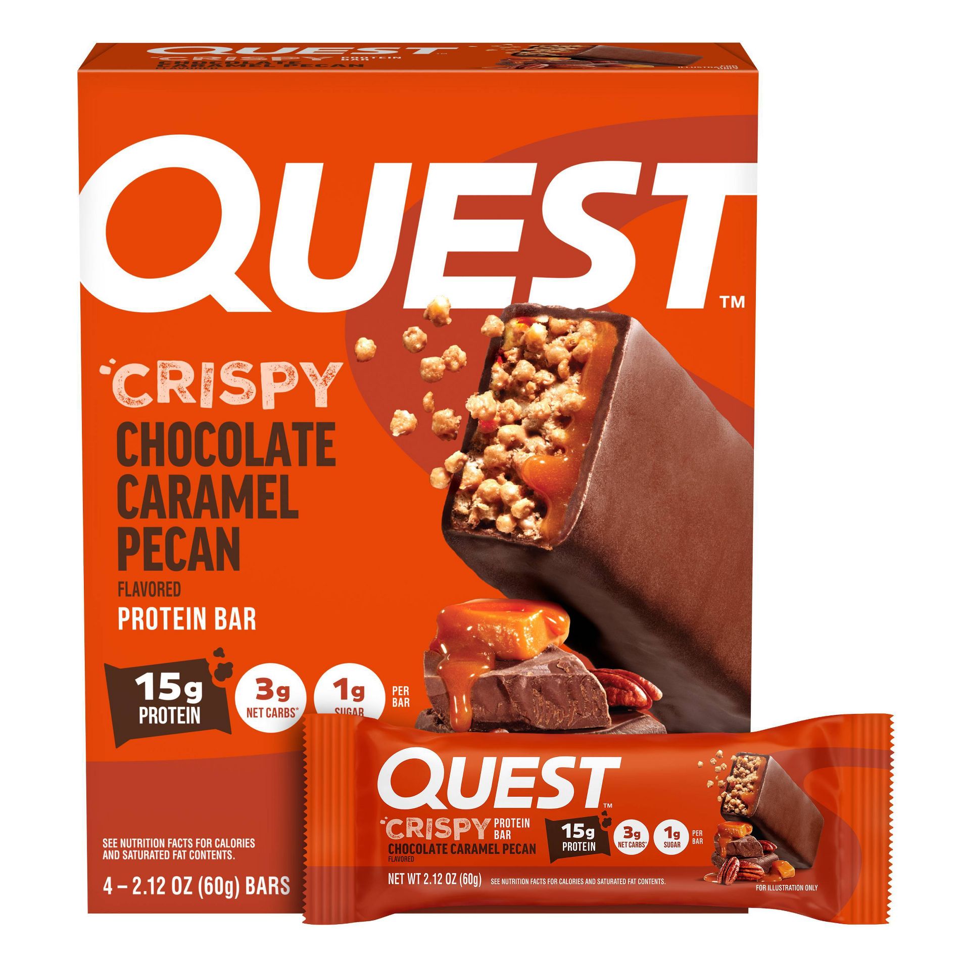 Quest Nutrition Crispy Hero Chocolate Caramel Pecan Whey Protein Bars - 18g Protein - 4ct