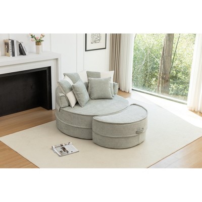 Runesay Modern Oversized Round Lazy Lounge Sofa with 5 Pillows and Ottoman