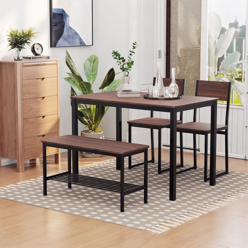 HOMCOM Industrial 4 Piece Dining Room Table Set with Bench Wooden Kitchen Table and Chairs w/ Storage Rack for Kitchen, Dinette, Black/Brown, 3 of 11