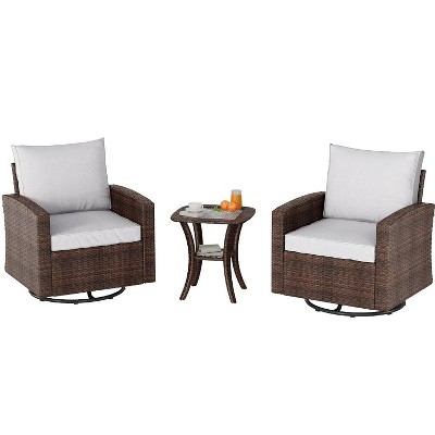 3-Piece Outdoor Swivel Rocking Chair Set with Cushions and Tempered Glass Table