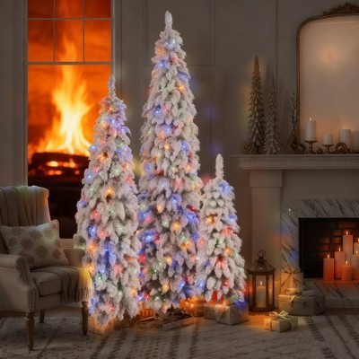 8 FT, 6 FT & 4 FT Pre-Lit Pencil Christmas Tree Set of 3 Slim Artificial Flocked Trees – 1 455 Branch Tips, 520 LED Lights, 11 Lighting Modes