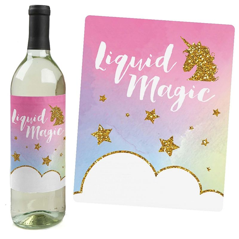 Big Dot of Happiness Rainbow Unicorn - Magical Unicorn Baby Shower or Birthday Party Decor for Women and Men - Wine Bottle Label Stickers - Set of 4, 5 of 9