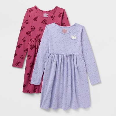 Girls' 2pk Adaptive Long Sleeve Swan and Floral Printed Dress - Cat & Jack™ Berry Pink/Purple