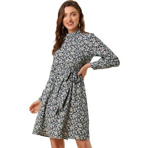 Allegra K Women's Mock Neck Swing Midi Long Sleeve A-line Floral Dress - 1 of 4