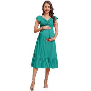Womens Maternity Short Sleeve Sweetheart Neck Summer Casual Smocked Boho Drawstring Maxi Dress Photoshoot Baby Shower - 1 of 4