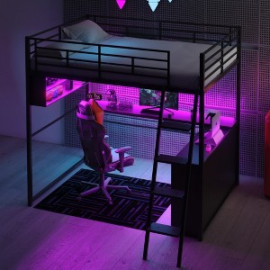 Bellemave Full Size Metal Loft Bed with LED, Desk and 4 Storage Shelves, Black - 1 of 4