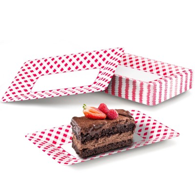 DYLIVeS Pink and White Buffalo Plaid Plates, Pink Checkered Disposable Paper Food Trays for Dessert Appetizers Snack Hotdog Rectangular Platters