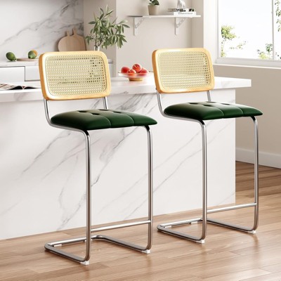 Fontoi Counter and Bar Stools, 2PCS Barstools with Rattan Back, 30 inch Stools Armless Bar Chairs with Upholstered, Green, 17.7"*8.9"*42.5"