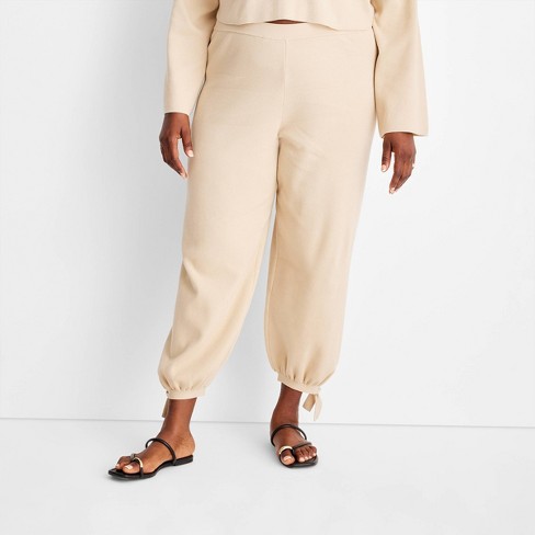 Kick Back Tan Solid Ankle Tie Pants