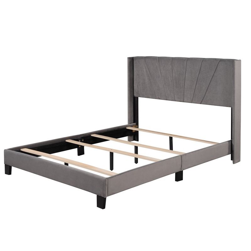 Queen Upholstered Bed Frame, Queen Platform Bed With 4 Wooden Slats Support, Square Headboard, Up To 500lbs Support, 4 of 8