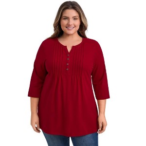 GRACE & GRANDEUR Women's Plus Size Split Neck 3/4 Sleeve Button Decor Pintuck Dressy Casual Blouses - 1 of 3