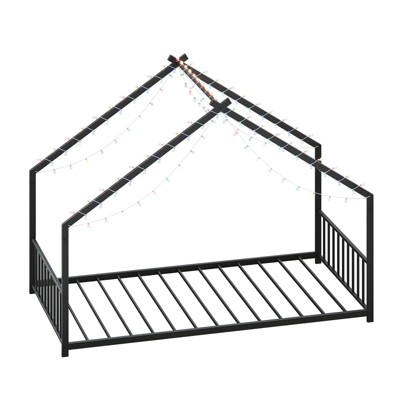 Vynxaria Twin Size Kids Bed Frame Roof Shaped Iron Frame Safer Floor Bed Black