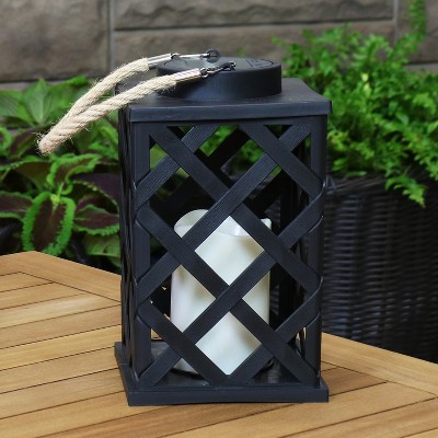 Black Crosshatch Solar LED Hanging Tabletop Candle Lantern
