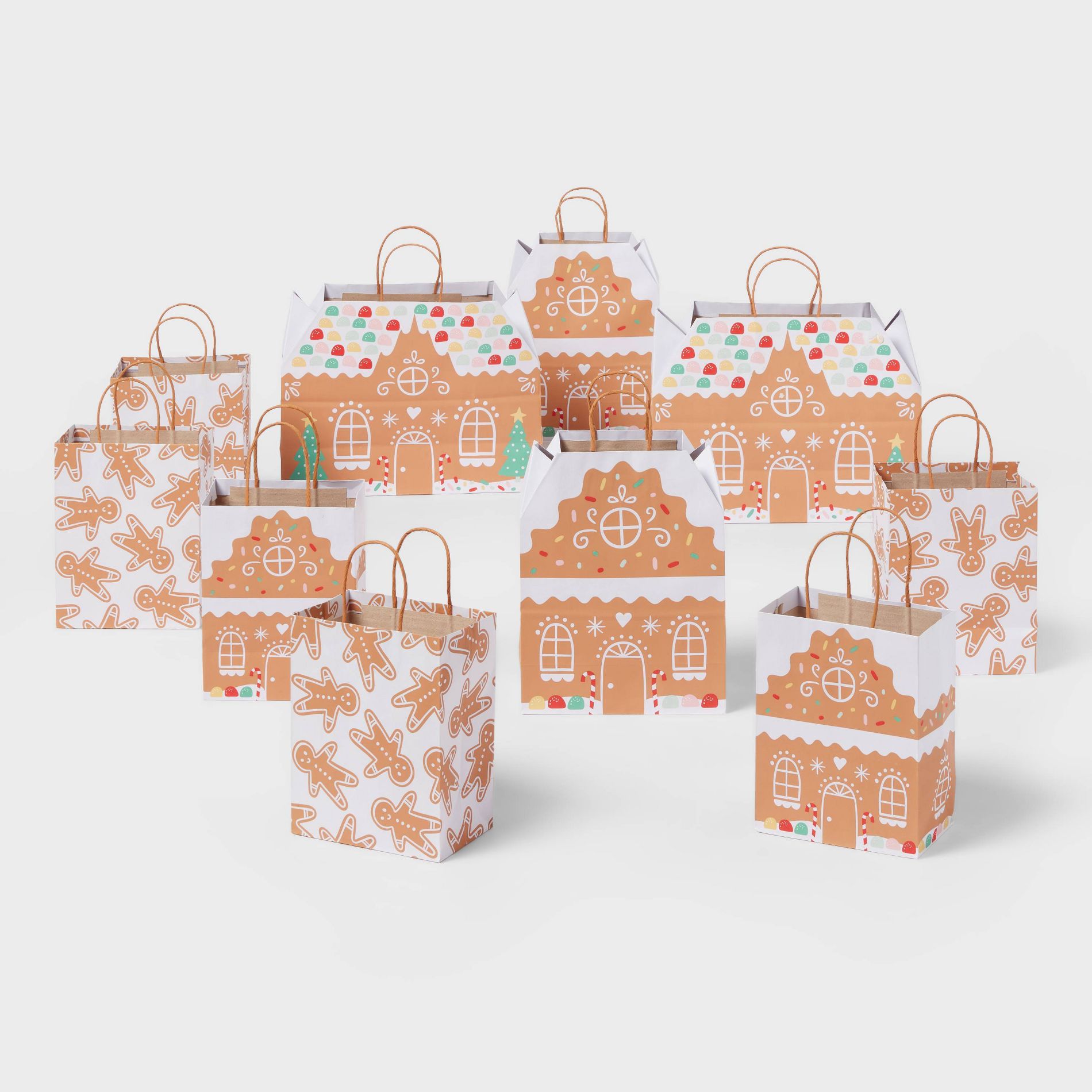 10pk Multi-Size Gingerbread House Christmas Gift Bags Colorful - Spritz™