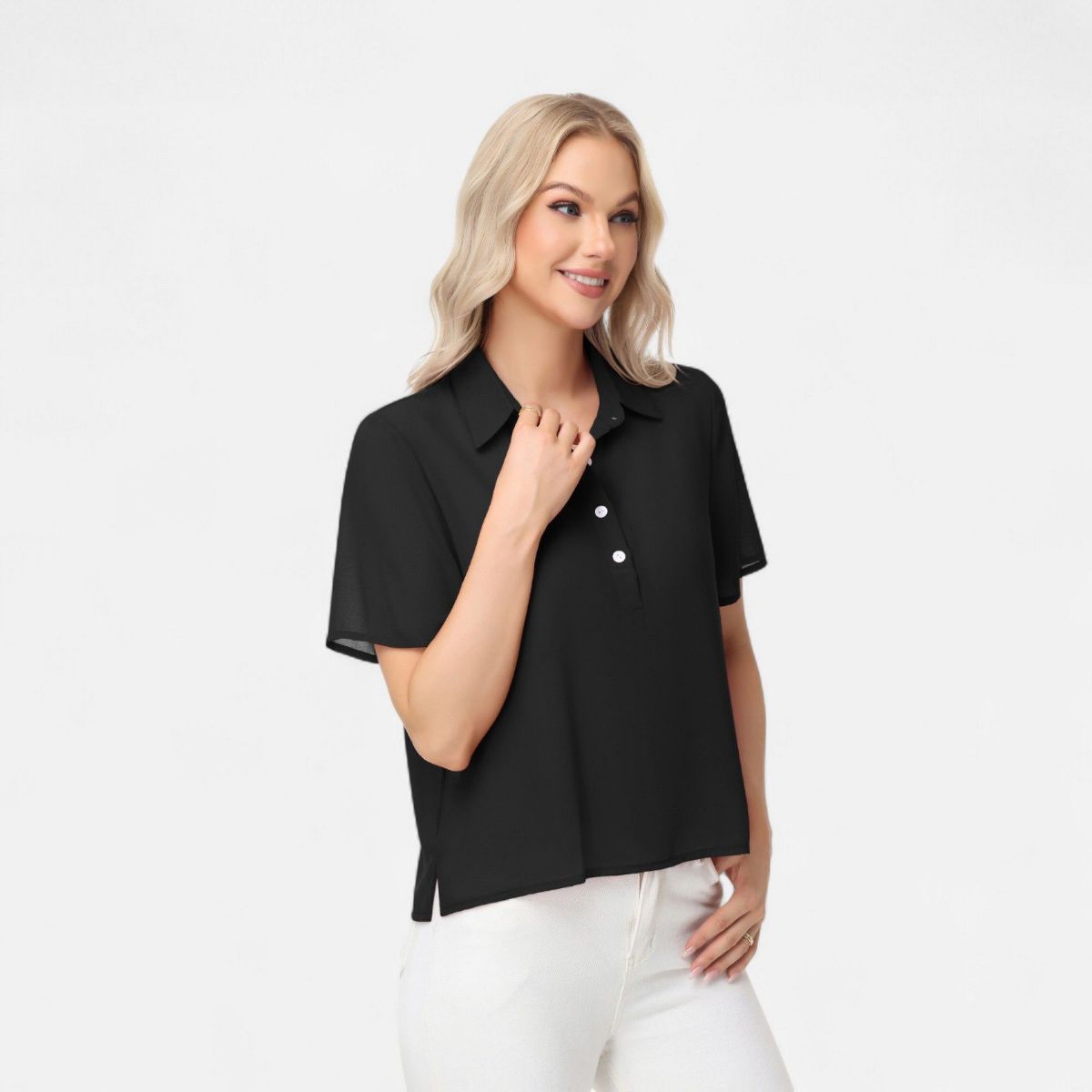 Anna-Kaci Women's Short Sleeve Collared Blouse with Button Placket and Relaxed Fit Design - thumbnail 4