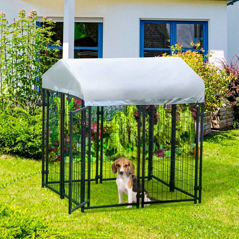 Pawhut Large Outdoor Dog Kennel Steel Fence with UV-Resistant Oxford Cloth Roof & Secure Lock, 4 of 9