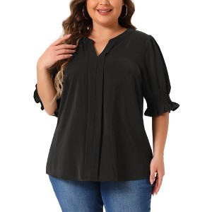 Agnes Orinda Women's Plus Size V Neck Puff Ruffle Sleeves Dressy Casual Summer Blouse - 1 of 4