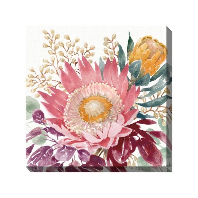 Cottage Garden West of The Wind Protea King Pink, Orange 24 x 24 Inch Waterproof Gallery Wrapped Canvas, Outdoor Garden, Yard, Patio All Weather