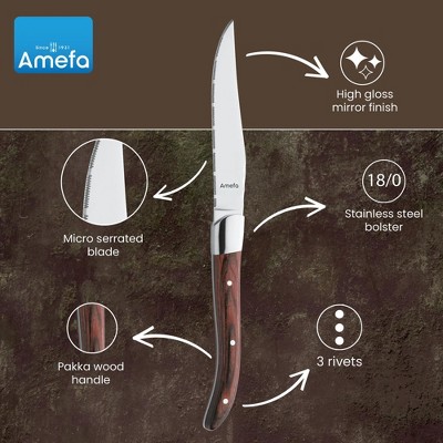 Amefa Royal Steak Knives, Set of 6, Hardened Stainless Steel, Triple Rivet Pakka Wood Ergonomic Handle Design, Serrated Edge 4 Inch Blade Steak Knife