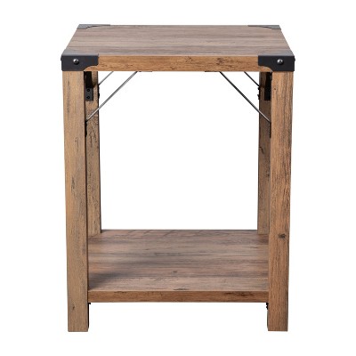 Rustic Oak Square End Table with Metal Accents