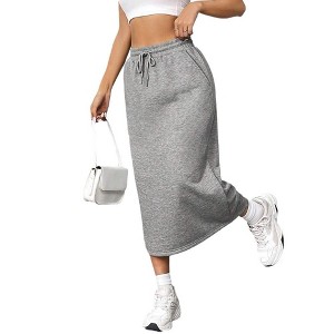 Coolmee Women's Midi Skirt Drawstring Elastic High Waist A-Line Sweat Skirts with Pockets - 1 of 4