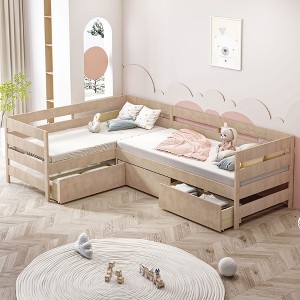 Whisen L-Shaped Twin Size Platform Bed with 3 Storage Drawers, Solid Pine & MDF Construction, Slatted Suppor - Natural - 1 of 4