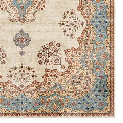 Ivory and Blue Traditional Medallion 3' x 5' Area Rug