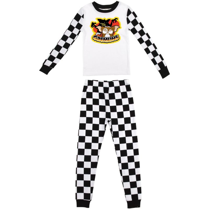 Gremlins Stripe And Gizmo Group Shot Boy's Black & White Checkered Sleep Set, 1 of 5