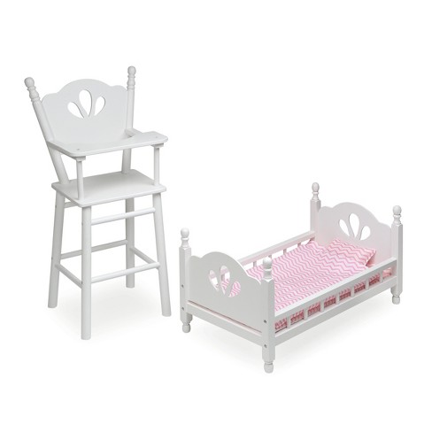 English Country Doll High Chair And Bed Set With Chevron Bedding