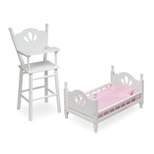 English Country Doll High Chair and Bed Set with Chevron Bedding - White/Pink
