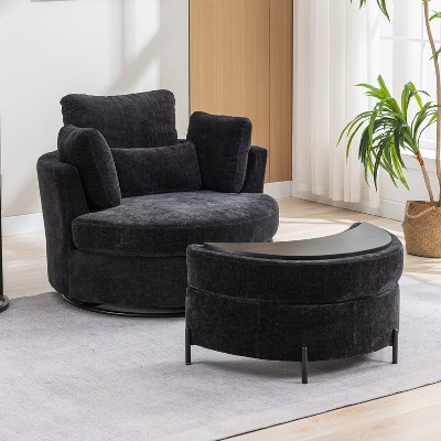 Hrinhom 42"W Upholstered Swivel Accent Chair with Pillows and Half-Moon Storage Ottoman