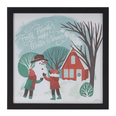 Festive Winter Scene Framed Wall Art Set in Blue and Red