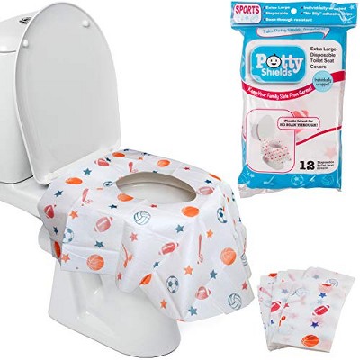 Disposable Toilet Seat Covers for Kids & Adults, 12 Pack - Protect from Public Toilets While Potty Training & More - Extra Large, Waterproof, Portable, Individually Wrapped - Blue/Sports