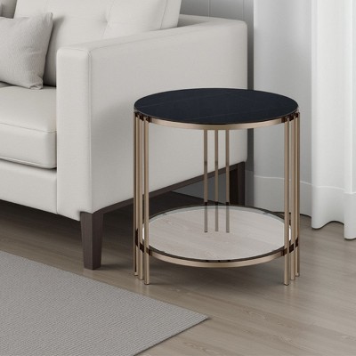 Royal Hampton Side End Table, 23 Inch, Round Sintered Stone Top, Black and Gold