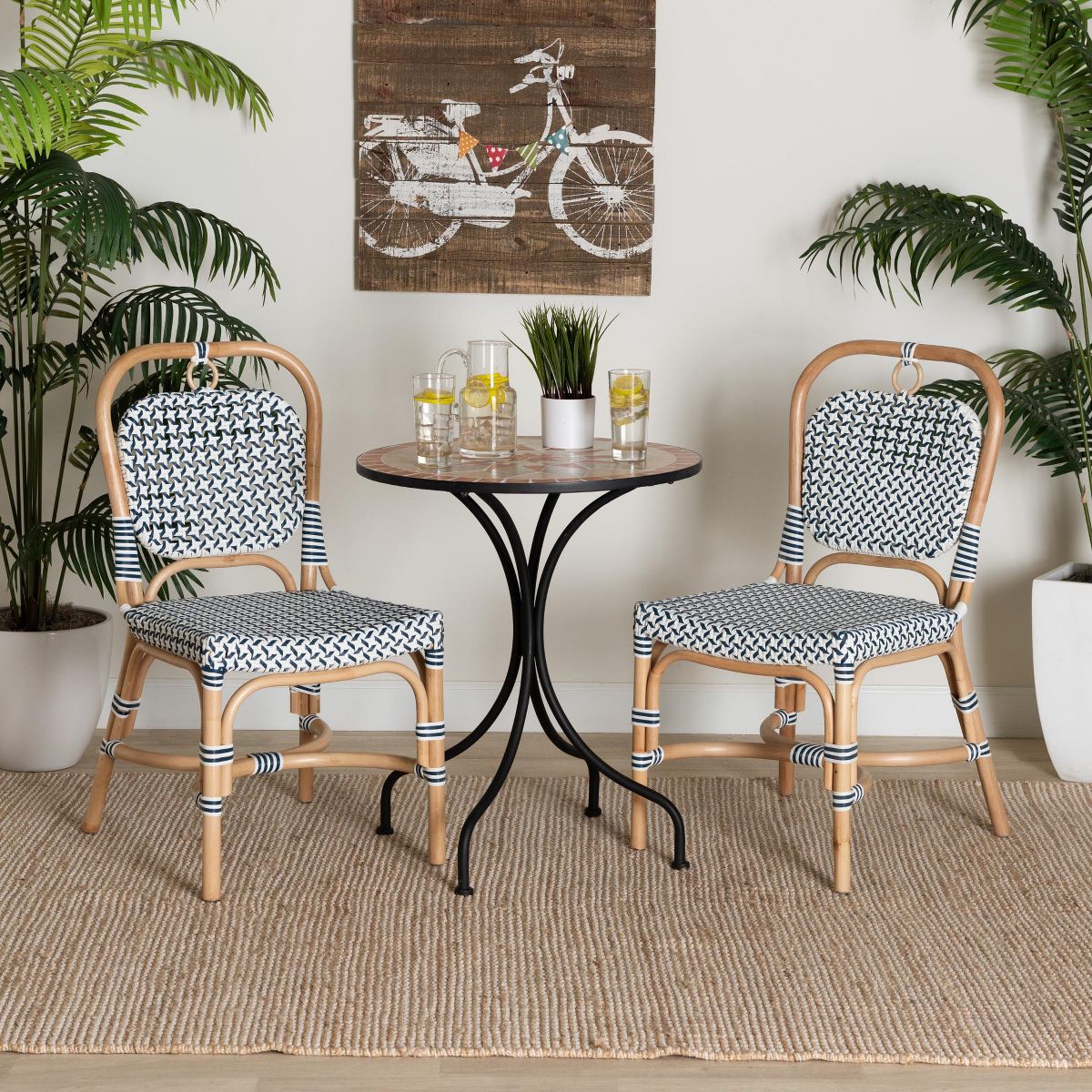 bali & pari Luciana Modern French Blue and White Weaving Natural Rattan Bistro Chair