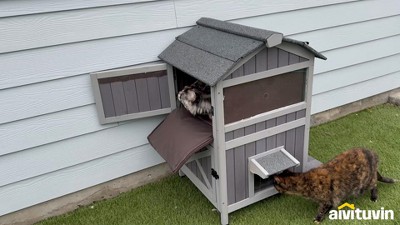 Two-Storey Gray Wooden Insulated Outdoor Cat House