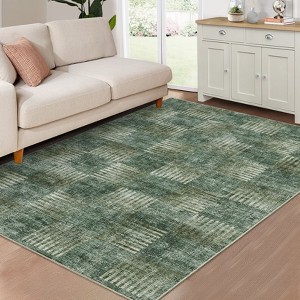 Area Rug Washable Non Slip Low Pile Rug Soft Faux Wool Non Shedding Floor Carpet, Stain Resistant Modern Abstract Rug for Bedroom, Living Room, Green - 1 of 4