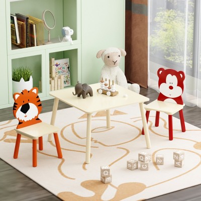 FURNIinspire Kids Table Sets Animal Theme Kids Table Chairs Set, 3 Pieces Toddler Activity Play Table with Chairs, Brown, 23.6"*23.6"*17.3"